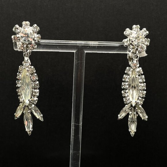 Vintage Signed Sherman Clear Rhinestone Clip on Earrings Bright and Sparkling 2" - Picture 1 of 10